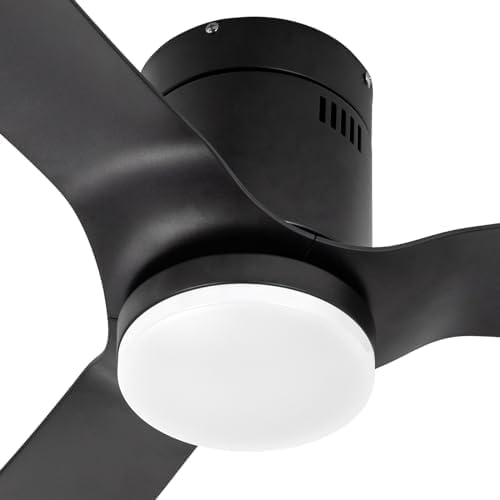 Black Flush Mount Ceiling Fan 52 inch,with Remote,22W Dimmable LED Light,DC Motor,6 Speed,Reversible,Low Profile Ceiling Fan Outdoor Indoor with Memory Function for Bedroom/Patios/Kitchen