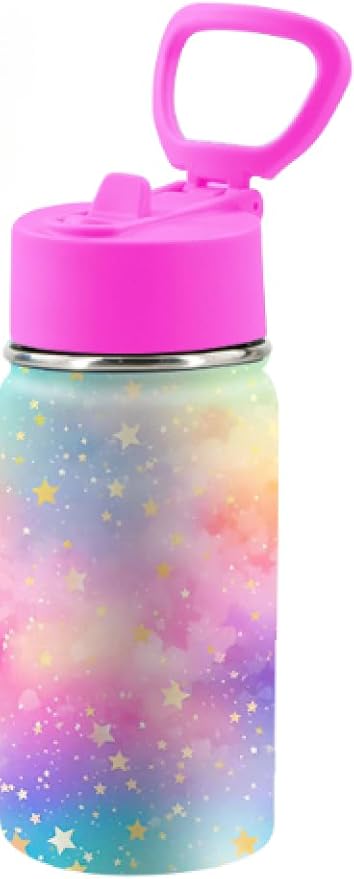 Kids Stainless Steel Water Bottles; Various Patterns; Construction, Dinosaurs, Monster Trucks, Pink/Purple Star Design (Pink Star Tie Dye), 12oz