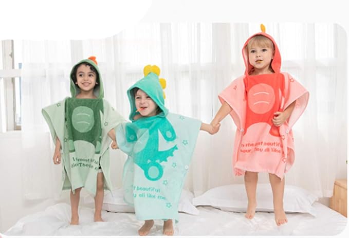 TONWHAR Kids Bath/Pool/Beach Hooded Poncho Towel-Cartoon Animal Pattern Cotton Beach Towel for Baby and Kids (Light Green Dinosaur, 5-9 Years/Height:43.3"-51.2")