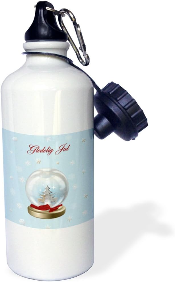 3dRose "Snow Globe Deer, Tree and Snowflakes, Merry Christmas in Norwegian" Sports Water Bottle, 21 oz, White
