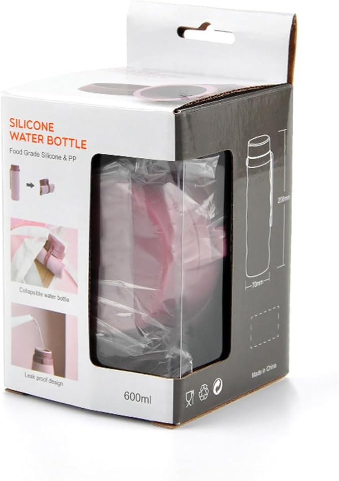 Premium Collapsible Silicone Water Bottle - 600ML, BPA-Free, Medical Grade, Leak Proof, Foldable ,Roll-Up Portable Sports & Outdoor Water Jug - 20oz Travel-Friendly, Reusable Drinking Bottle (Pink)