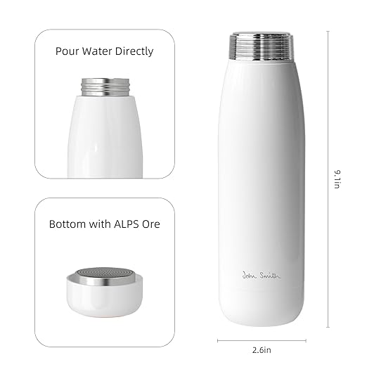 JOHNSMITH Hydrogen Water Bottle, Alkaline Water Bottle 15oz, Creates High pH Premium Water, Portable Insulated Stainless Steel Bottle Alpine Ore Filter Water Bottle for Sports, Outdoor, Office, White