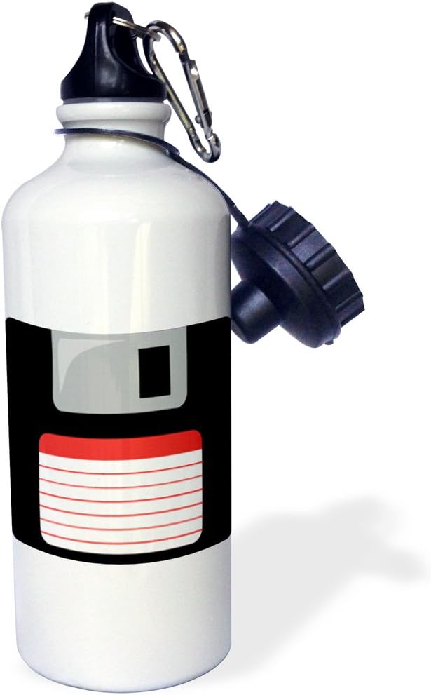 3dRose "Retro 90s computer black floppy disk graphic design with red label 1990s ninties computer tech" Sports Water Bottle, 21 oz, White