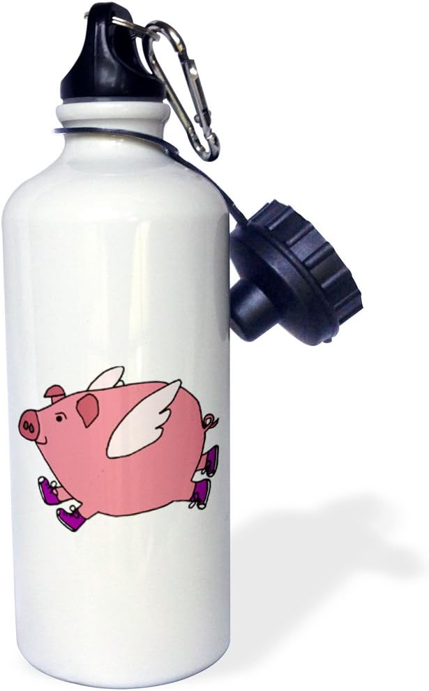 3dRose Funny Flying Pig in Purple Sneakers Sports Water Bottle, 21 oz, Multicolored