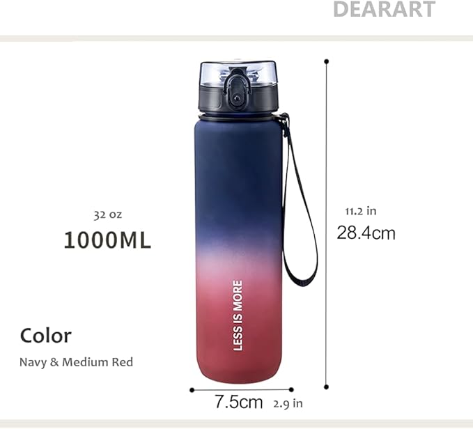 DEARART 32oz Water Bottle With Motivational and Time Marker, BPA FREE Quick Drink Without Straw, Suit Sports Office Gym Travel, Deep Blue&Red