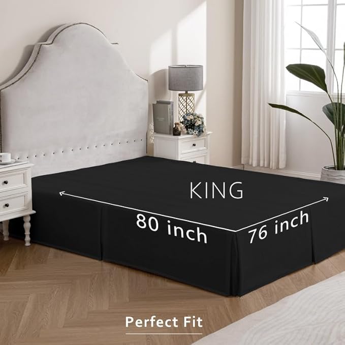 MIYE Pleated Waffle Weave Bed Skirt, Tailored Dust Ruffle 12 Inch Drop Easy Fit, Machine Washable (Black, King - 12" Drop)