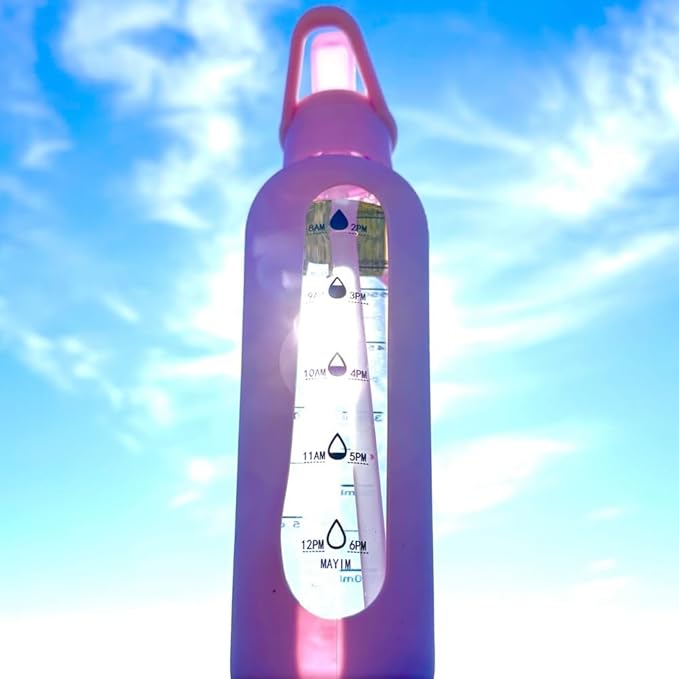 Mayim 24 Oz Glass Tumbler with Straw and Handle, Reusable Motivational Glass Water Bottle with Silicone Sleeve and Time Marker, Leak Proof Borosilicate Water Bottle -Lilac