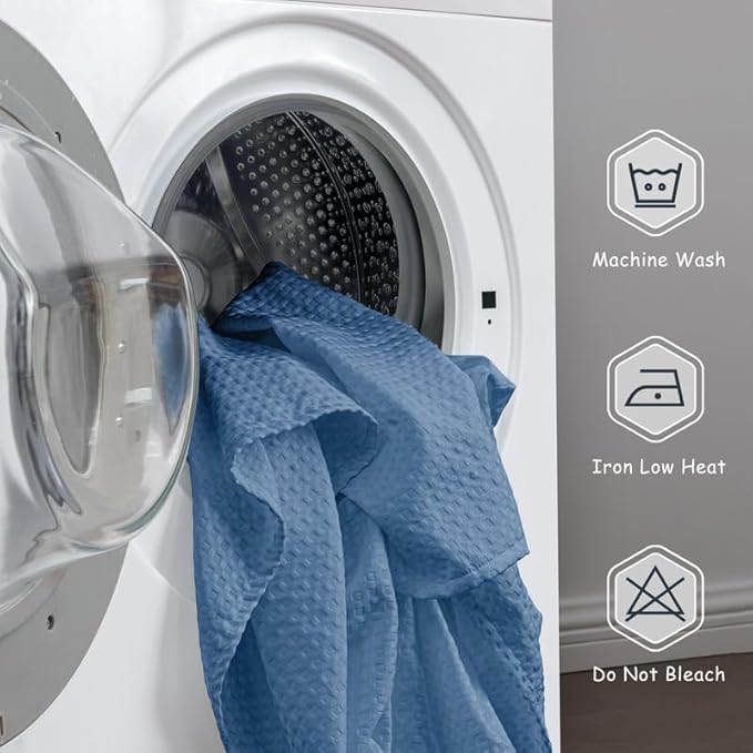 MIYE Pleated Waffle Weave Bed Skirt, Tailored Dust Ruffle 12 Inch Drop Easy Fit, Machine Washable (Blue, King - 12" Drop)