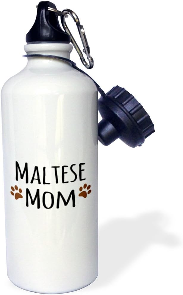 3dRose Maltese Terrier Dog Mom-Doggie By Breed-Muddy Brown Paw Prints-Doggy Lover-Pet Owner Mama Sports Water Bottle, 21 oz, White