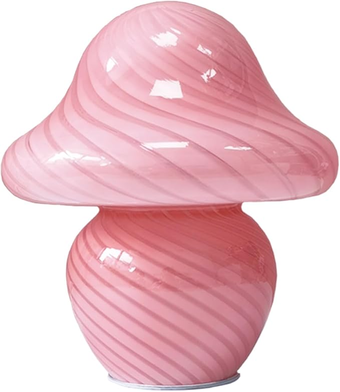 Mushroom Lamp, Small Pink Table Lamp with Striped Glass, Cute Little Swirl Nightstand Lamp for Bedroom, Bedside, Living Room, Gift for Girls Women Birthday Christmas Thanksgiving Day