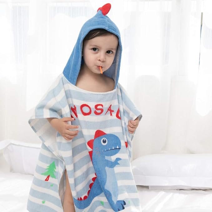 TONWHAR Kids Bath/Pool/Beach Hooded Poncho Towel-Cartoon Animal Pattern Cotton Beach Towel for Baby and Kids (Dinosaur, 5-9 Years/Height:43.3"-51.2")