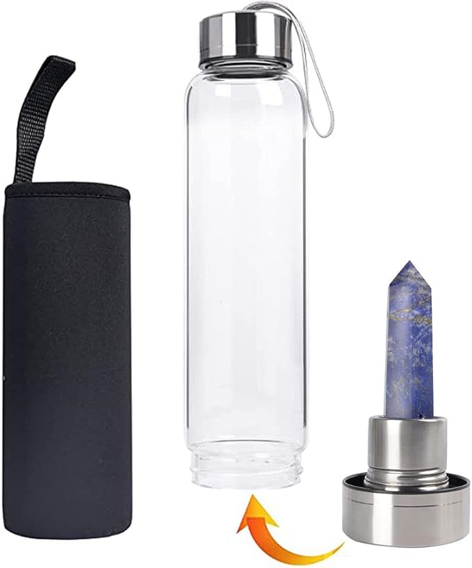 Crystal Glass Water Bottle Energy Quartz Gemstone Water Bottle with Changeable Natural Crystal Center for Healing and Wellness Lapis Lazuli