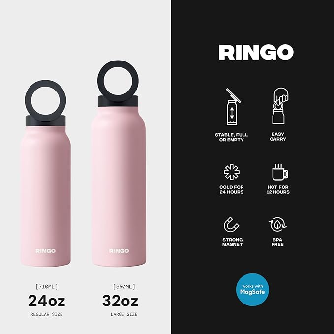 Ringo Insulated Water Bottle - Compatible MagSafe Water Bottle w/Phone Holder - Stainless Steel School Water Bottle w/Magnetic Phone Mount for Kids & Adult -Hot 12H, Cold 24H 360° Rotate - Pink 32oz
