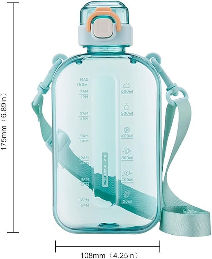 750ML Square Transparent Water Bottle, Cute Sports Water Jug with Adjustable Strap, Portable Motivational Water Bolttles for Travel, Hiking and Outdoor Workouts