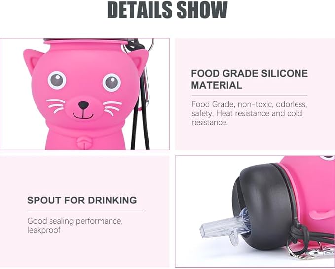Cat Water Bottle,Collapsible Water Bottle for Kids,Cute Water Bottles -kawaii Cat Appearance - Portable Leak Proof with Roll Up Foldable Silicone Features for Sports,BPA Free (pink)