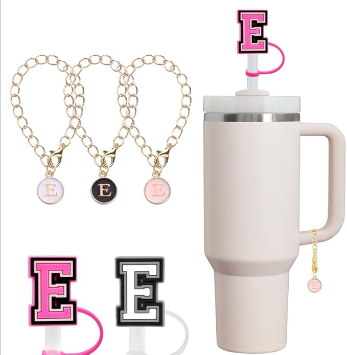 compaitable with stanley cup with accessories,30&40 oz,1 charm letter chain for handle with stanley straw top letter cover for stanley cup (e), small