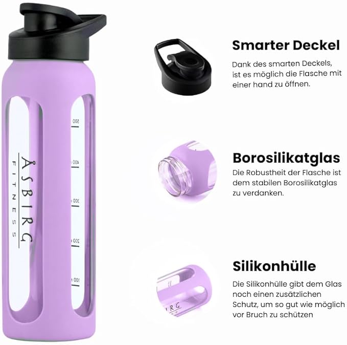 Fitness | Protein Shaker Made of Glass | Protein Shaker | Drinking Bottle | with Spiral Ball | Black (pastel purple)
