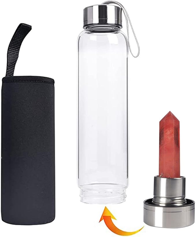 Crystal Glass Water Bottle, Glass Water Bottle with Changeable Natural Crystal Center, Quartz Gemstone Water Bottle for Natural