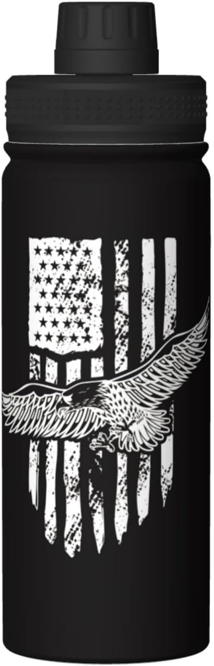 Cerburny Water Bottle Black USA Flag 18 oz Stainless Steel Insulated Bottles With Lid Wide Mouth Gym Sports Water Jug For Men Women Adult