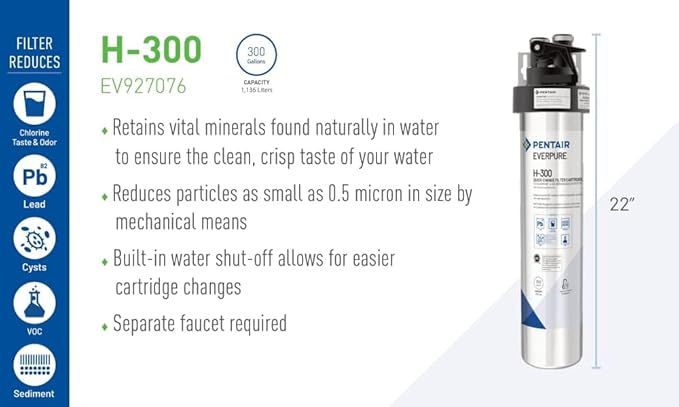 Pentair Everpure H-300 Quick-Change Filter Cartridge, EV927072, NSF Certified to Reduce Lead, For Use in Everpure H-300 Drinking Water Systems, 300 Gallon Capacity, 0.5 Micron