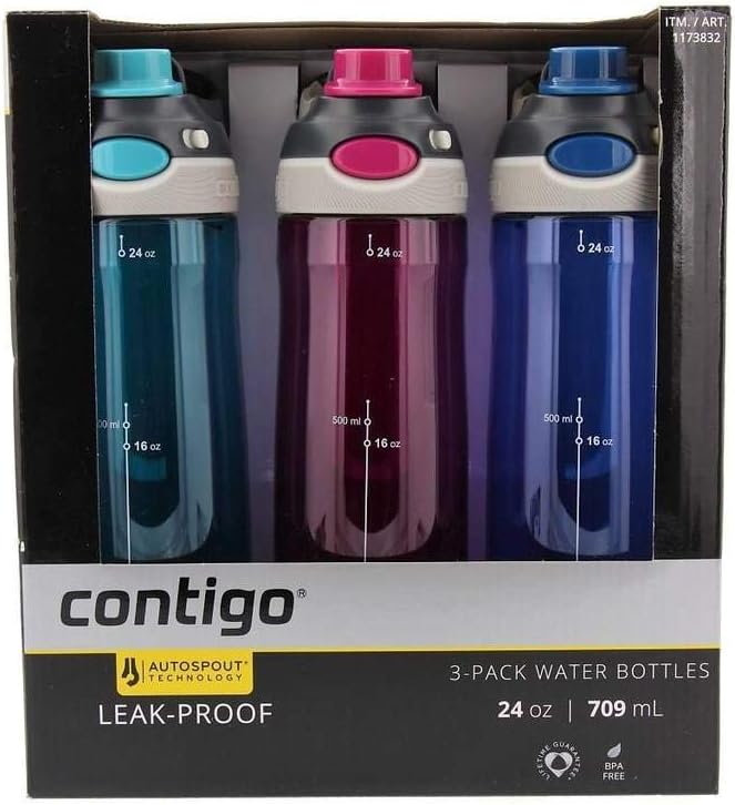 Contigo AUTOSPOUT Chug Leak-Proof Water Bottles 24oz, 3 Pack (Turquoise, Pink, Blue)