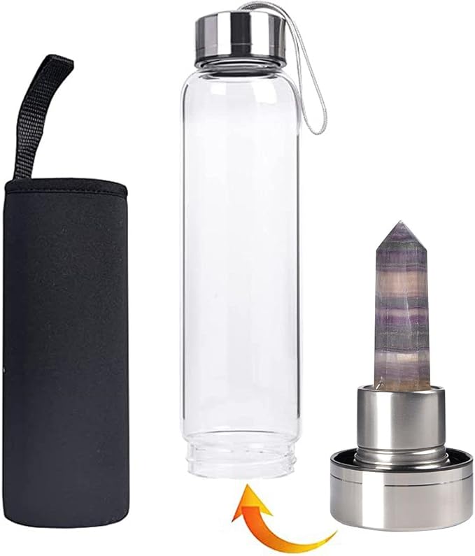 Crystal Glass Water Bottle Energy Quartz Gemstone Water Bottle with Changeable Natural Crystal Center for Healing and Wellness Bright Colorful Fluorite
