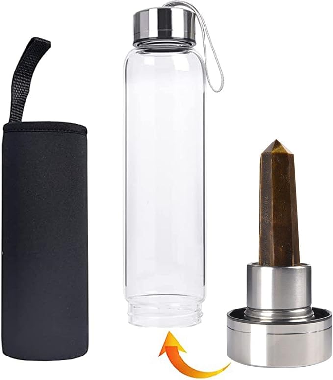 Crystal Glass Water Bottle, Glass Water Bottle with Changeable Natural Crystal Center, Quartz Gemstone Water Bottle for Natural
