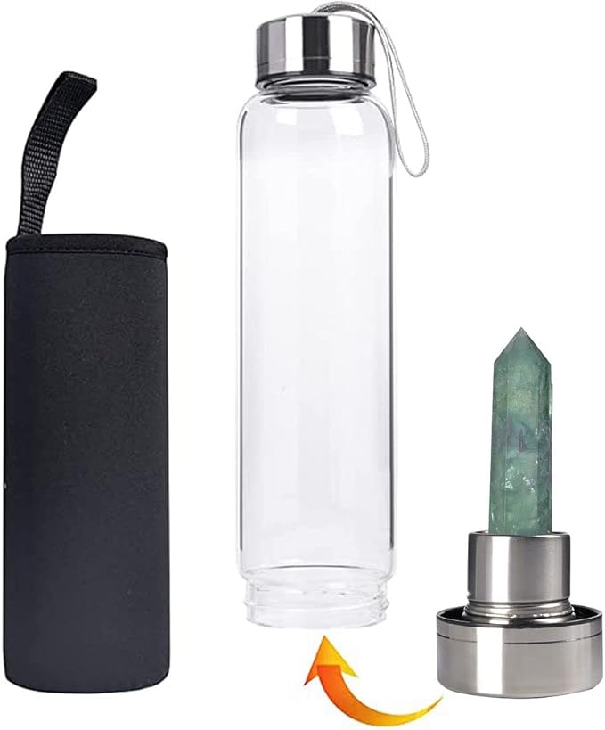 Crystal Glass Water Bottle, Glass Water Bottle with Changeable Natural Crystal Center, Quartz Gemstone Water Bottle for Natural