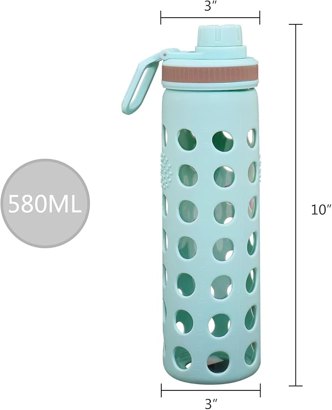 Modern-Depo 20oz Clear Glass Water Bottles Extra Lid Odor Proof and Stain Resistant Wide Mouth Reusable Fitness Sports Bottle with Sleeve, Motivational Water Jug, Blue