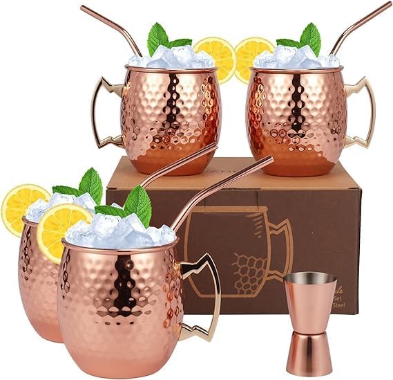 Moscow Mule Copper Mugs - Set of 4 Mug with Shot Glass 100% Handcrafted 16 oz Set with Premium Quality Cocktail Copper Straws and Jigger! - Pure Solid Mugs 4 Perfect Cocktail Mug
