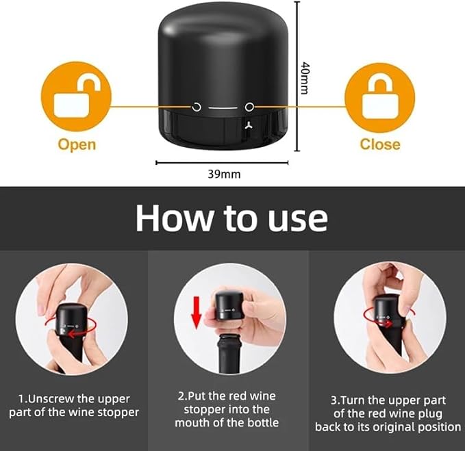 Wine Bottle Stopper, Silicone, Fits Bottles 18-19mm, Keeps Wine Fresh (2 Pack), Small, Black