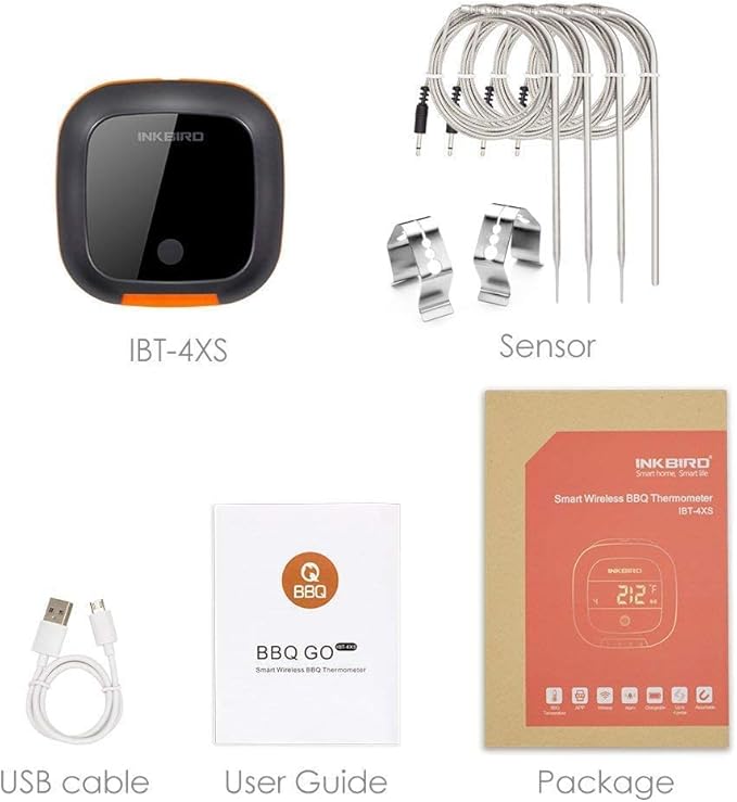 Inkbird IBT-4XS Bluetooth Wireless Grill BBQ Thermometer for Grilling with 4 Probes, Timer, Alarm,150 ft Barbecue Cooking Kitchen Food Meat Thermometer for Smoker, Oven, Drum