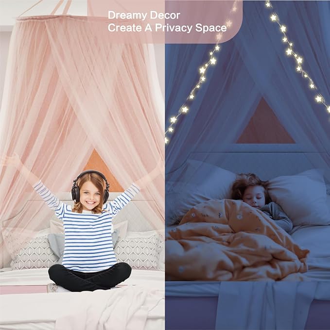 40"x 106" Bed Canopy for Girls & Adults, Double Layer Princess Round Dome Bed Curtain Canopy Drapes, Dreamy Mosquito Net Reading Nook, Bedroom Decoration (Pink)