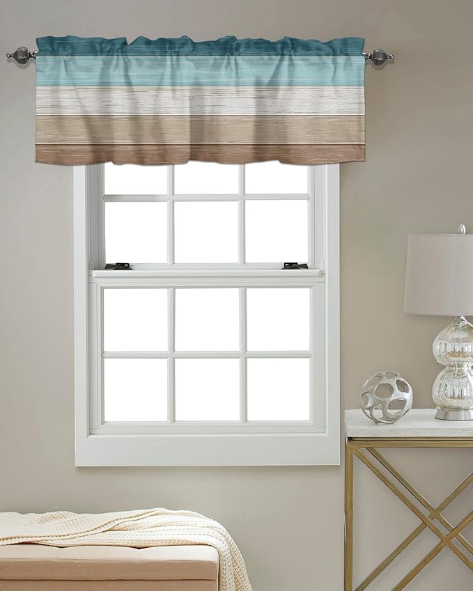 Farmhouse Kitchen Curtains Valances for Windows ,Teal Blue Brown Beach Rod Pocket Country Window Treatment for Kitchen /Living Room/Bedroom/ Bathroom,60" X 18" -1 Panel, Retro Rustic Barn Wood Texture