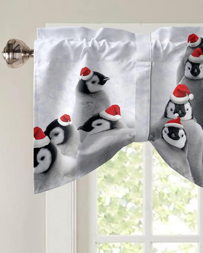 Funny Penguin with Christmas Hat Blackout Tie Up Valance Curtains for Kitchen Windows Winter Holidays Window Toppers Balloon Shades for Living Room/Bathroom/Bedroom,1 Panel,54" X 18"