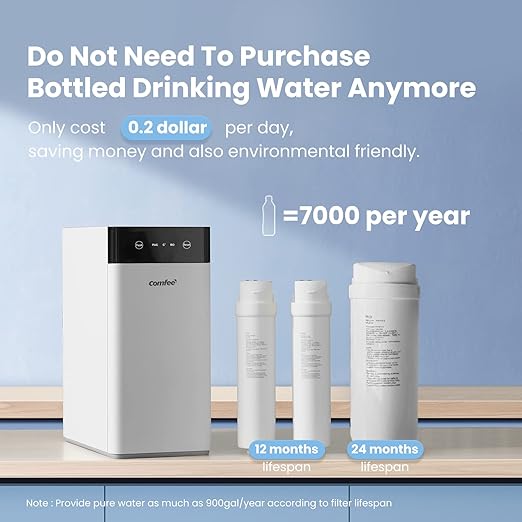 COMFEE' Reverse Osmosis System, 400 GPD, 1.5:1 Pure to Drain, Tankless RO System, NSF Standards, TDS Reduction, USA Tech Support, Under Sink Water Filter System with Brushed Nickel Faucet