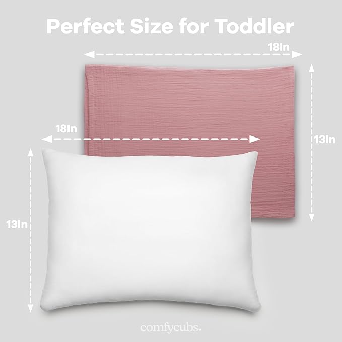 Comfy Cubs Toddler Pillow with Soft Muslin Pillowcase, 13"x18", Mauve (2 Pack) - Kids Pillow for Sleeping & Travel - Comfortable Small Pillow - Kids Travel Pillow with Breathable Microfiber Fill