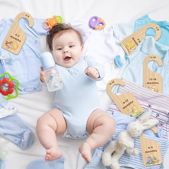 Classic Winnie Baby Closet Dividers, Pooh Bear Double Sided Baby Clothes Organizer for Baby Nursery Decor Wooden Hanger for Newborn Baby Stuff from 0-24+ Months - 8 Pcs