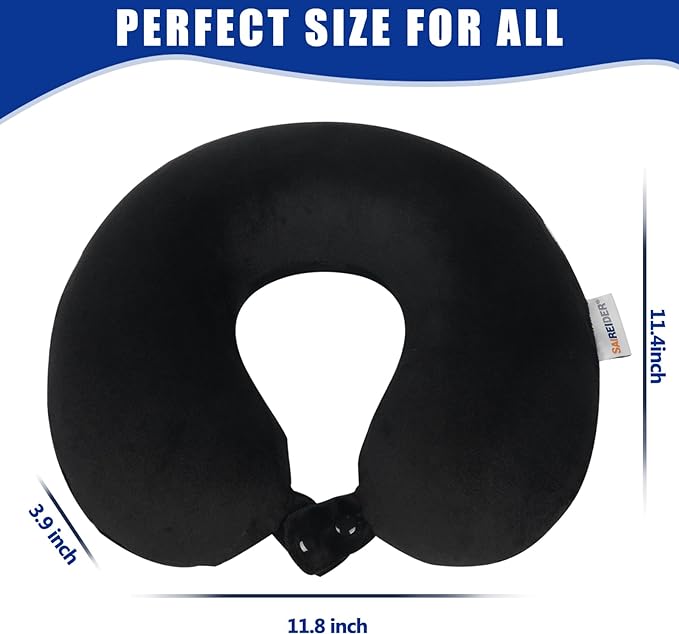 SAIREIDER Travel Pillow 100% Pure Memory Foam Travel Neck Pillow, Airplane Pillow for Traveling、Car、Home、Office,Washable Cover(Black)