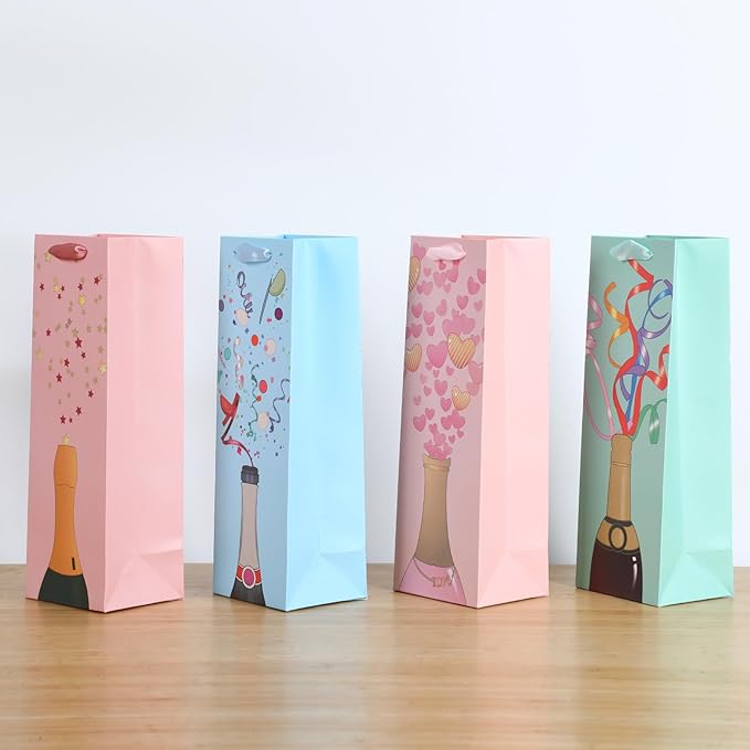 SHIPKEY 12 Pack of Wine Gift Bags, 4-Colored Bags Bulk for Wine Bottles, 13.7in Wine Bottle Bags for Thanksgiving, Halloween, Easter Day, Graduations, Weddings, Christmas, and Mother's Day