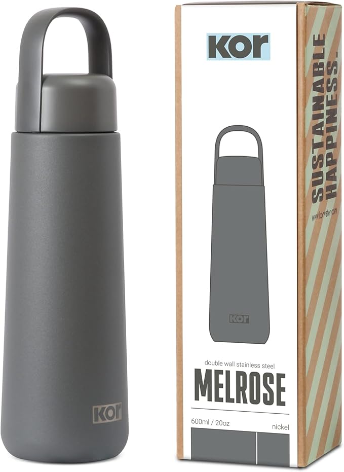 KOR Melrose 20oz Double Wall Insulated Water Bottle - Keeps Beverages Hot for 12hrs, Cold for 24hrs - Stainless Steel Design - Contoured Perfect Spout for Drinking