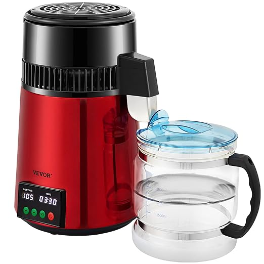 VEVOR 1.1Gal Water Distiller, 0.3Gal/H, Distilled Water Maker Machine 750W 0-99H Timing Setting Temp Display, 304 Stainless Steel Countertop Distiller Glass Carafe Cleaning Powder 3 Carbon Packs, Red