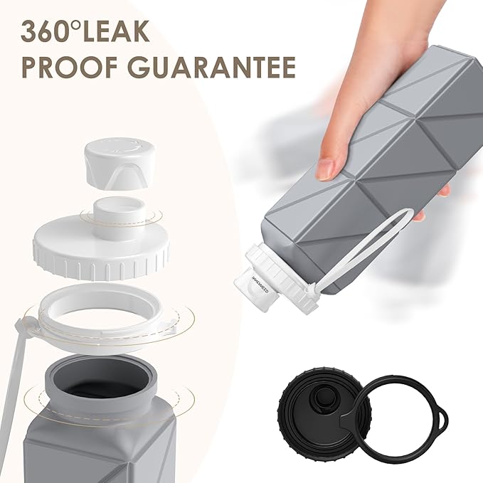 INNERNEED Collapsible Water Bottle, Reuseable BPA Free Silicone Foldable Water Bottles for Travel Gym Camping Hiking, 20.6 fl.oz, Portable, Food-Grade, Leak Proof (1 Pack, Gray)
