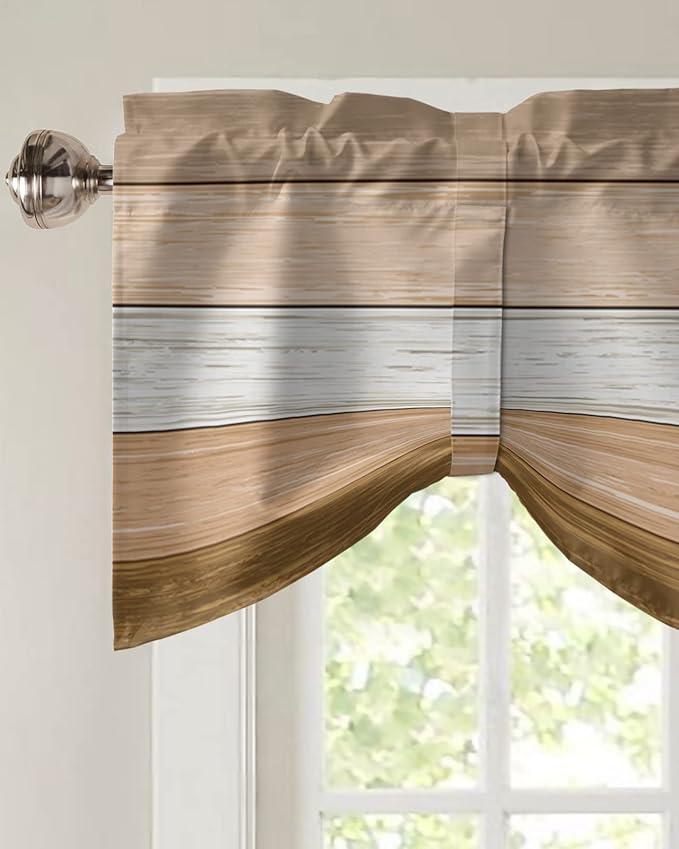 Farmhouse Summer Blackout Tie Up Valance Curtains for Kitchen Windows,Brown Beach Fall Window Toppers Balloon Shades for Living Room/Bathroom/Bedroom,1 Panel,42" X 18" Rustic Barn Wood Texture