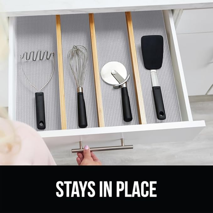 Gorilla Grip powerGRIP Drawer Shelf and Cabinet Liner, Thick Strong Hold, Non-Adhesive Liners Protect Kitchen Cabinets and Cupboard, Bathroom Drawers, Easy Install, Breathable Mat, 20" x20' Light Gray