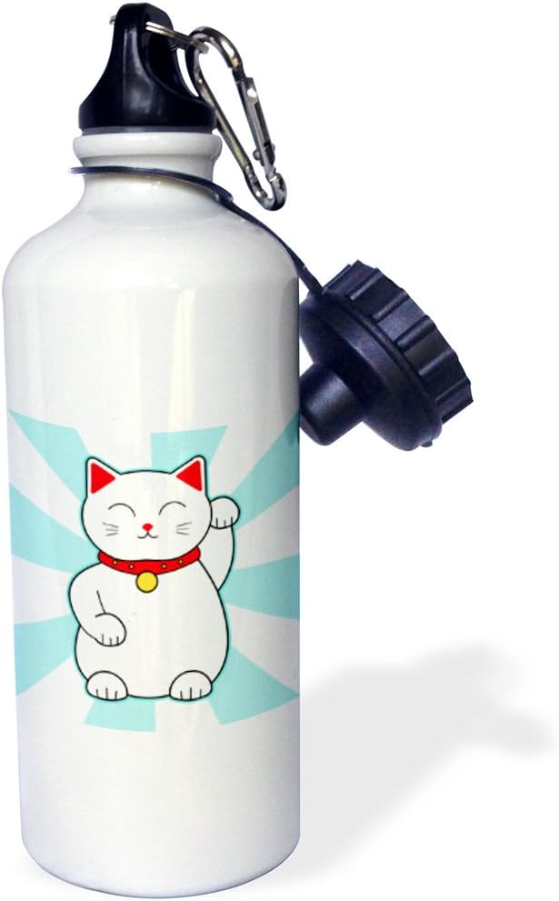 3dRose White Lucky Cat Sports Water Bottle, 21oz, Multicolored