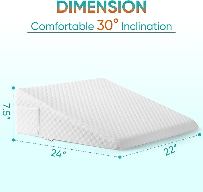 Bed Wedge Pillow for After Surgery Premium 7.5" Wedge Pillow for Sleeping with Memory Foam Top, Triangle Pillow Wedge for Acid Reflux Snoring Post Surgery Leg Elevation Back & Knee Pain Relief -White