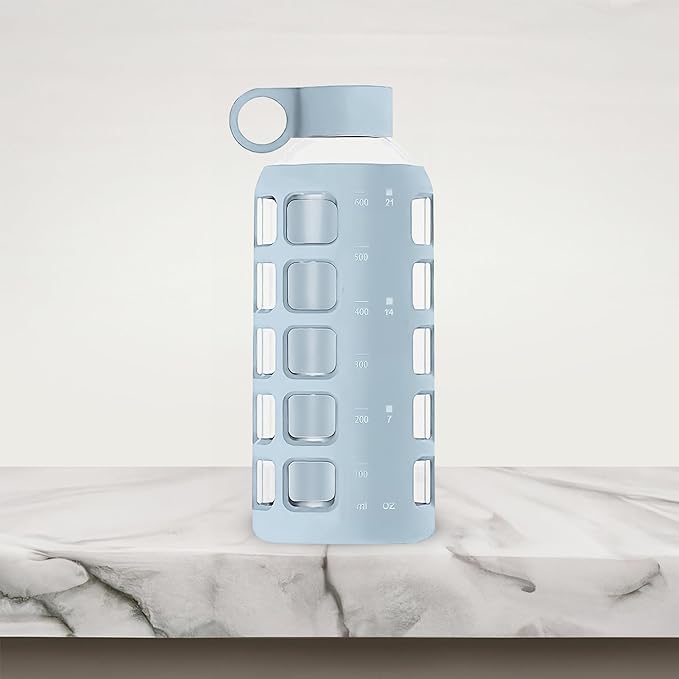 purifyou Premium 40/32 / 22/12 oz Glass Water Bottles with Volume & Times to Drink, Silicone Sleeve & Stainless Steel Lid Insert, Reusable Bottle for Fridge Water, Milk, Juice (22oz Ice Blue)