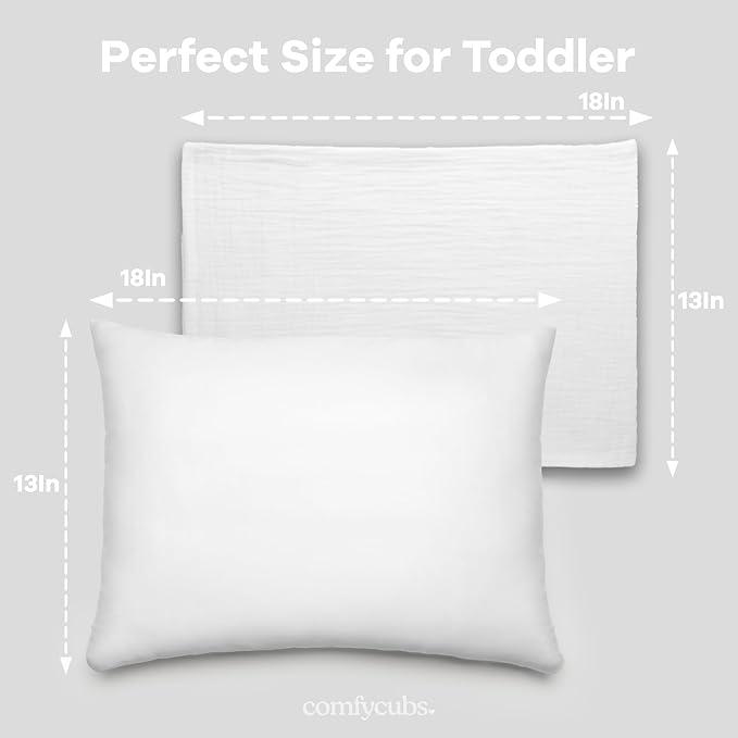 Comfy Cubs Toddler Pillow with Soft Muslin Pillowcase, 13"x18", White - Kids Pillow for Sleeping & Travel - Adorable & Comfortable Small Pillow - Kids Travel Pillow with Breathable Microfiber Fill