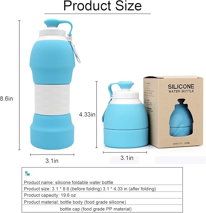 Collapsible Water Bottles AEYTLOI Reusable Water Bottle with Carabiner BPA Free Silicone Folding Sports Water Bottle for Gym Camp Hiking Sports Lightweight Durable 19.6 oz